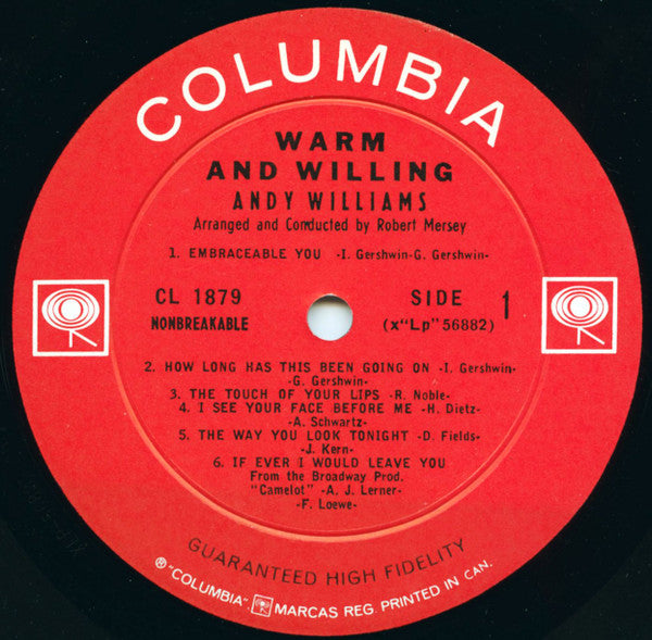 Andy Williams – Warm And Willing 1962 Genre: Jazz Style: Easy Listening (Vinyl) Mint Copy