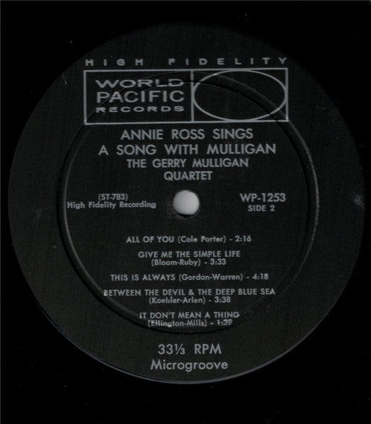 Annie Ross With The Gerry Mulligan Quartet – Sings A Song With Mulligan! 1959 Jazz Style: Vocal, Cool Jazz (Vinyl)