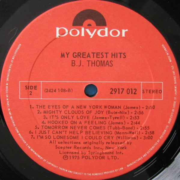 B.J. Thomas – My Greatest Hits - 1975- Pop Rock (vinyl)
