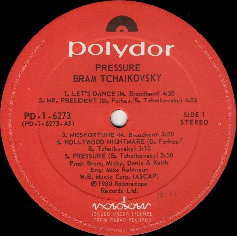 Bram Tchaikovsky – Pressure - 1980- (Vinyl) Mint