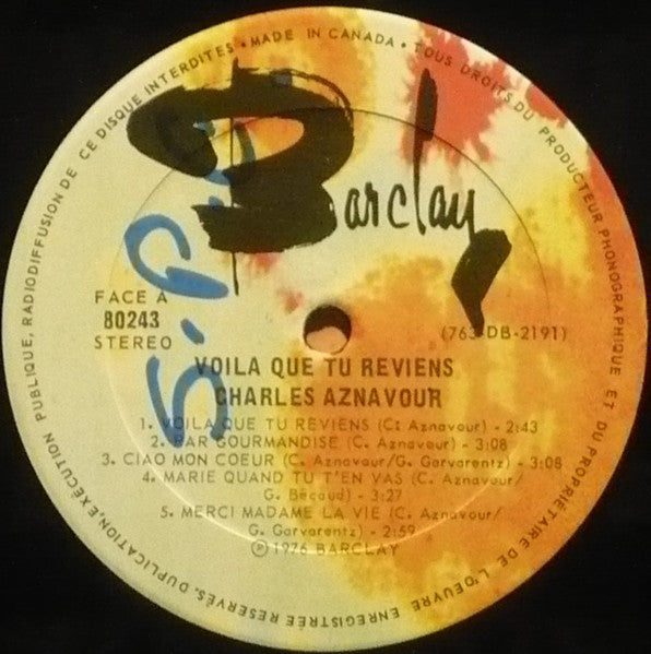 -Charles Aznavour – Voilà Que Tu Revien 1976- Chanson (vinyl)