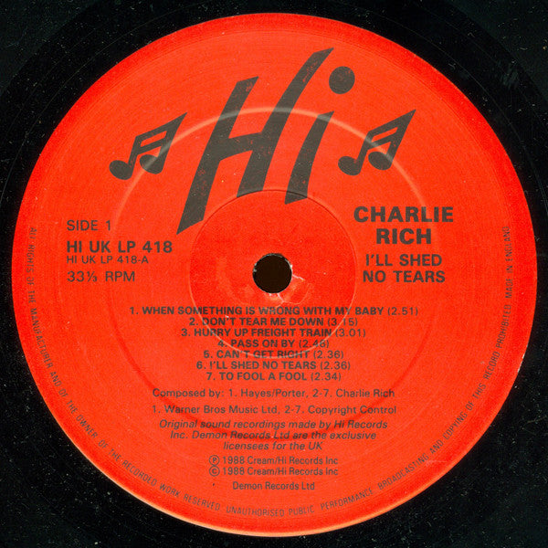 Charlie Rich – I'll Shed No Tears - 1988- Rock & Roll, Rhythm & Blues (vinyl)