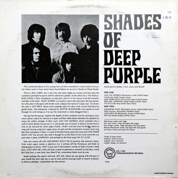 Deep Purple ‎– Shades Of Deep Purple -1968-Psychedelic Rock, Blues Rock, Hard Rock (vinyl) Near Mint