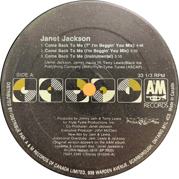 Janet Jackson – Come Back To Me - 1990 Electronic, Hip Hop Style: House, Downtempo ( Vinyl, 12", 33 ⅓ RPM, Maxi-Single) Mint