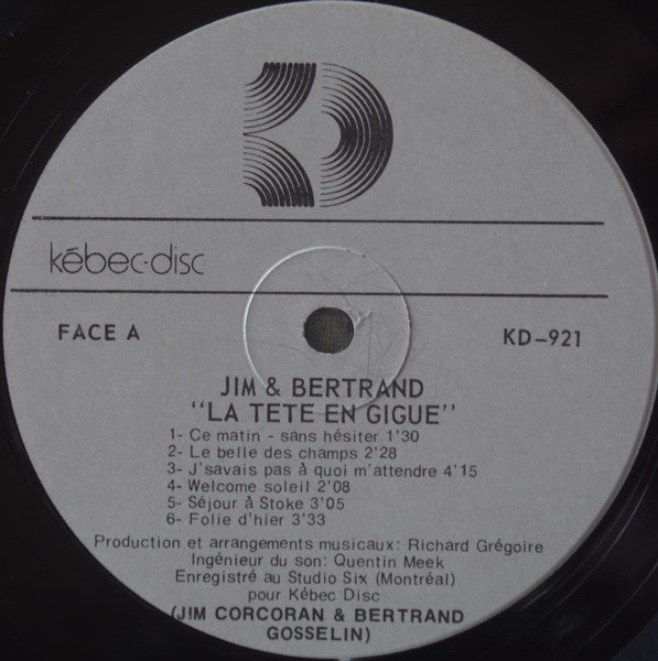 Jim Corcoran, Bertrand Gosselin – La Tête En Gigue - 1978- Folk, World, & Country Style: Folk (Vinyl)