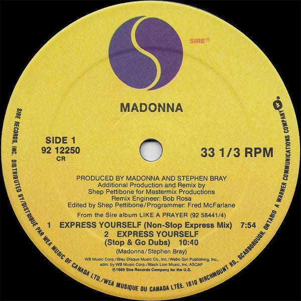 Madonna – Express Yourself - 1989- Electronic Style: House (Vinyl, 12", 33 ⅓ RPM, Maxi-Single) MINT