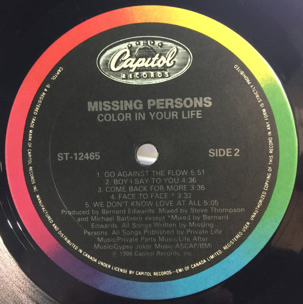 Missing Persons Color In Your Life - 1986-Electronic, Rock Pop Rock, Synth-pop (Vinyl)