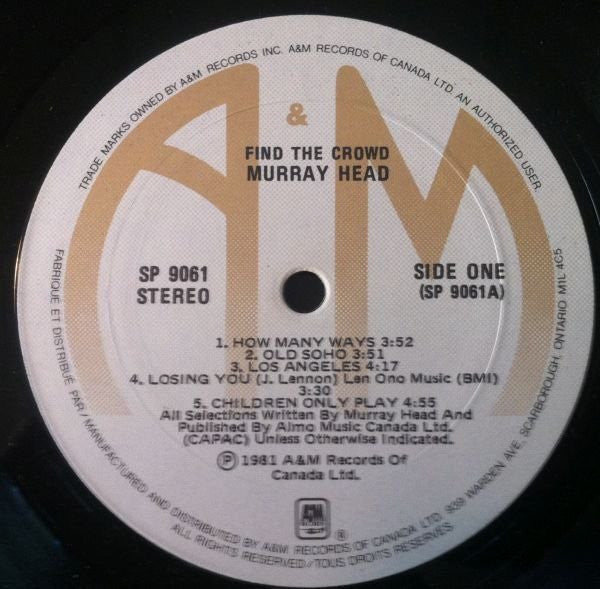 Murray Head – Find The Crowd 1981 Genre: Rock, Pop Style: Soft Rock (vinyl)