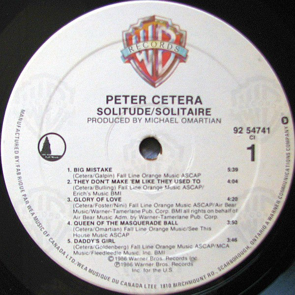 Peter Cetera – Solitude / Solitaire - 1986 Soft Rock, Pop Rock (vinyl)