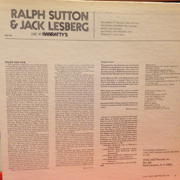 Ralph Sutton & Jack Lesberg – Live at Hanratty’s (Traditional Jazz / Piano–Bass Duet / Live Recording, Vinyl LP) CJ‑111