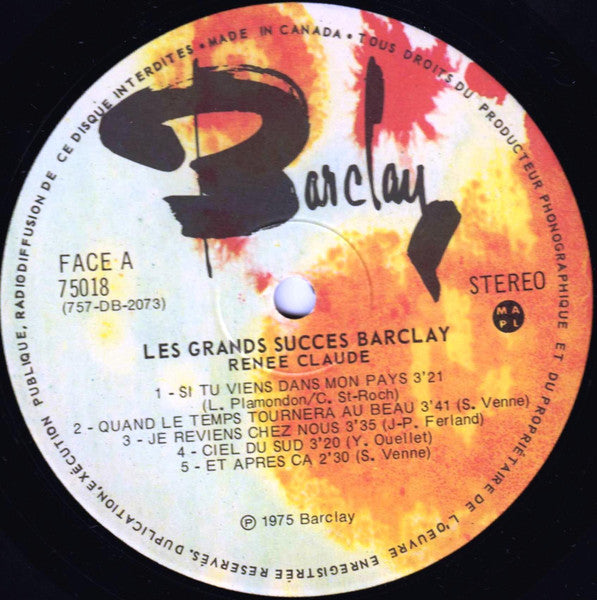 Renée Claude – Les Grands Succès Barclay Vol. 18 - 1975-Pop Style: Vocal (Vinyl) Mint