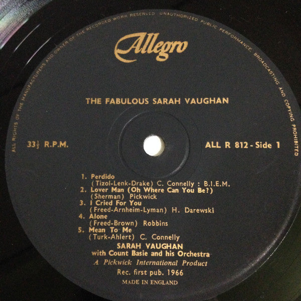 Sarah Vaughan With Count Basie And His Orchestra The Fabulous Sarah Vaughan With Count Basie And His Orchestra 1961- Jazz Style: Big Band (Rare UK Import Vinyl)