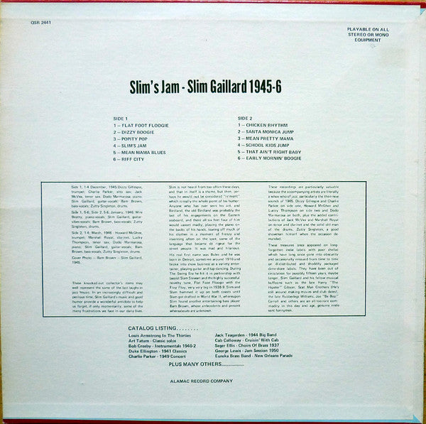Slim Gaillard – Slim's Jam - Slim Gaillard 1945-6 - 1972- Jazz ( Rare Vinyl )