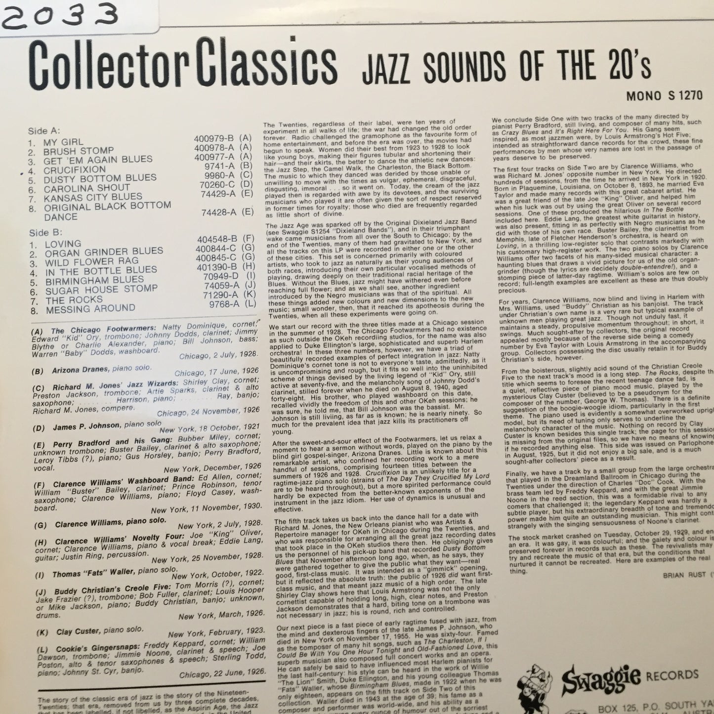JAZZ MAKERS - Jazz Sounds of the Twenties - Swaggie Records ( Australian Jazz Import ) Vinyl