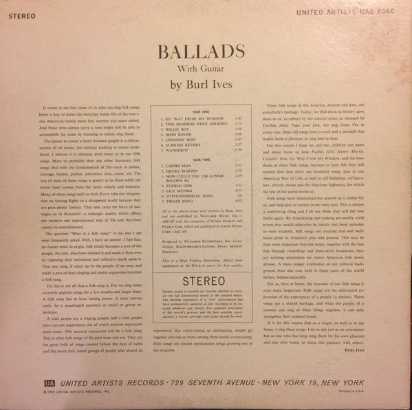 Burl Ives – Ballads - 1959-Folk, World, & Country (Vinyl)