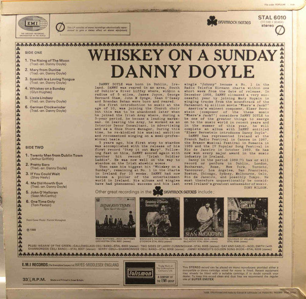 Danny Doyle Whiskey On A Sunday - 1970- Folk, Celtic ( UK Import Vinyl )