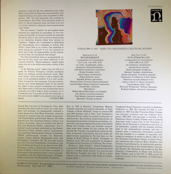 Donald Erb – Music For Instruments & Electronic Sounds - Electronic, Classical -1969 (Vinyl)