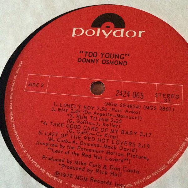 Donny Osmond – Too Young -1972- Soft rock ( Clearance Vinyl). a few marks