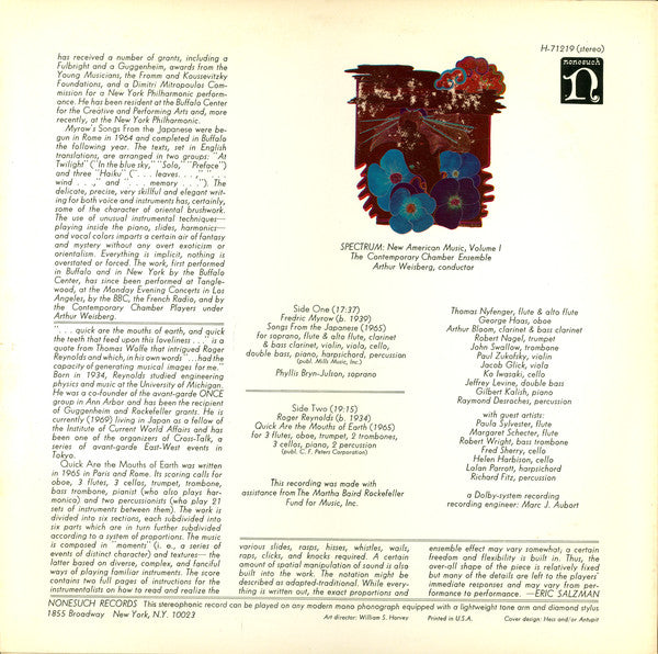 Fredric Myrow* / Roger Reynolds - Contemporary Chamber Ensemble, Arthur Weisberg, Phyllis Bryn-Julson – Spectrum: New American Music, Volume I -(Vinyl)