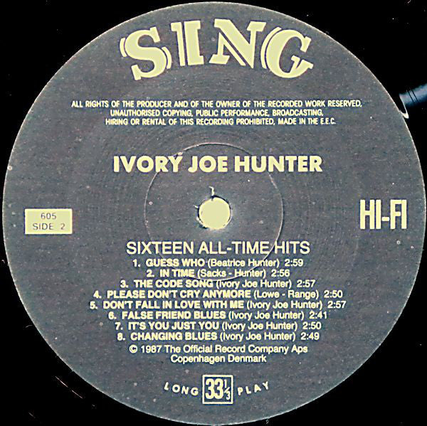 Ivory Joe Hunter – Ivory Joe Hunter Sings Sixteen Of His Greatest Hits - 1987-Funk / Soul, Blues, Pop Style: Vocal ( Denmark Vinyl )