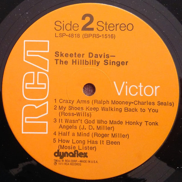 Skeeter Davis – The Hillbilly Singer - 1973-Folk, World, & Country (vinyl) NM