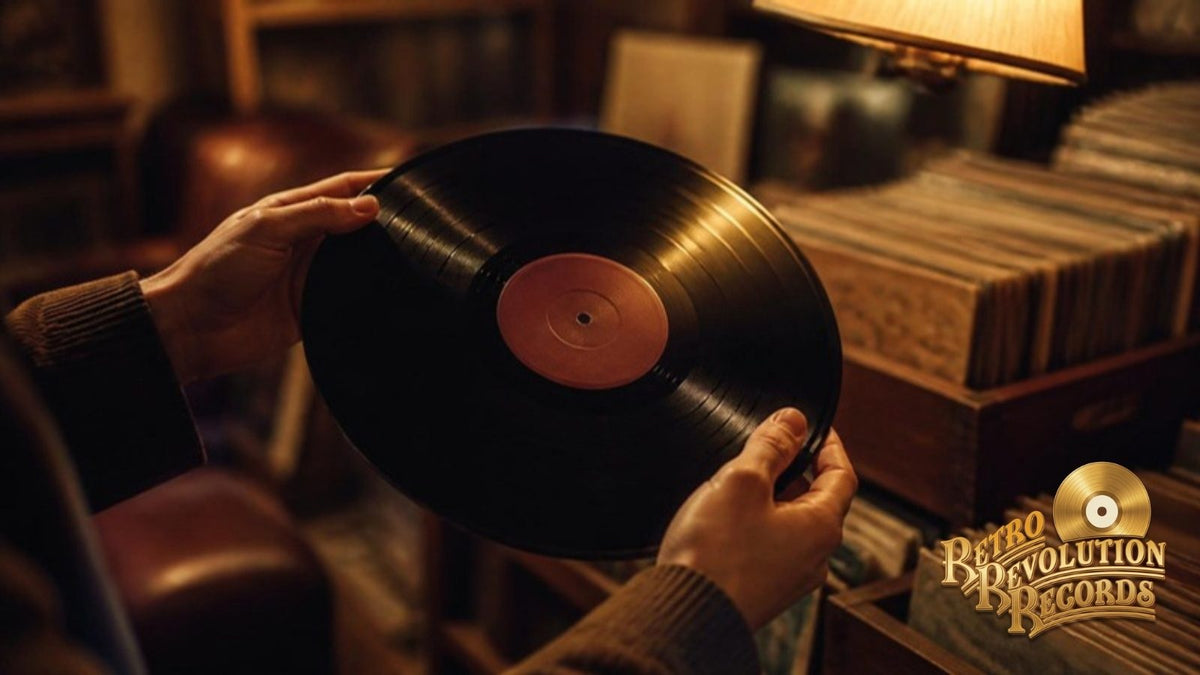 Collector holding a used vinyl record by the edges to inspect its condition