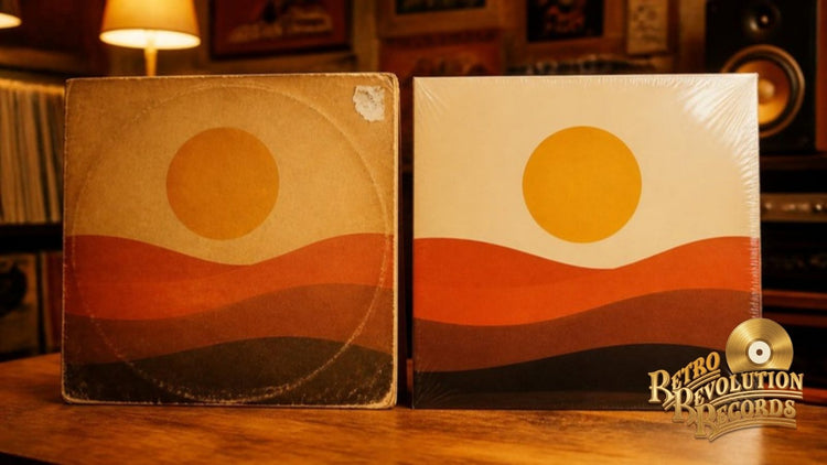 Worn original vinyl jacket beside a shrink-wrapped modern reissue
