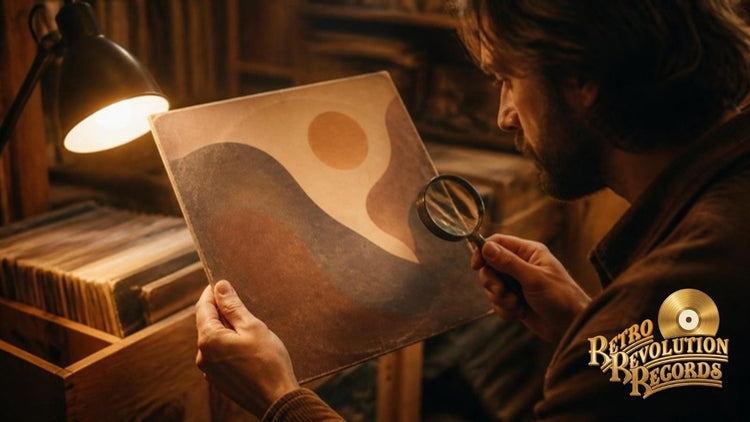 Collector inspecting a vinyl album jacket with a magnifying glass