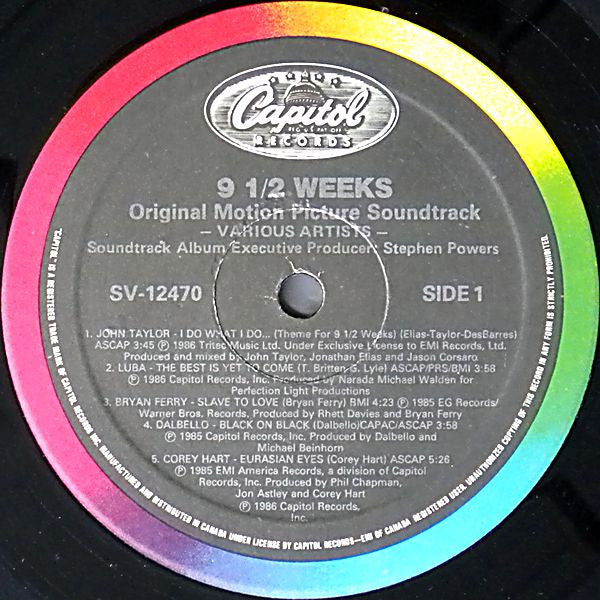 9½ Weeks - Original Motion Picture Soundtrack - 1986- Electronic, Rock, Stage & Screen Style:Soundtrack, Pop Rock, Soft Rock, Downtempo, Synth-pop ( Near Mint Vinyl )