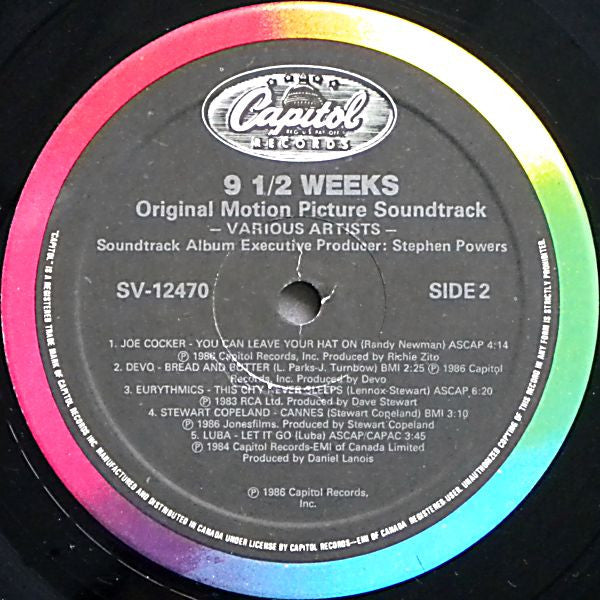 9½ Weeks - Original Motion Picture Soundtrack - 1986- Electronic, Rock, Stage & Screen Style:Soundtrack, Pop Rock, Soft Rock, Downtempo, Synth-pop ( Near Mint Vinyl )