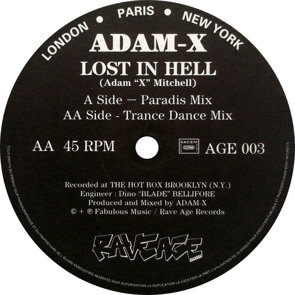 Adam X – Lost In Hell - 1992-Electronic , Hardcore, Techno ( Vinyl, 12", 45 RPM )