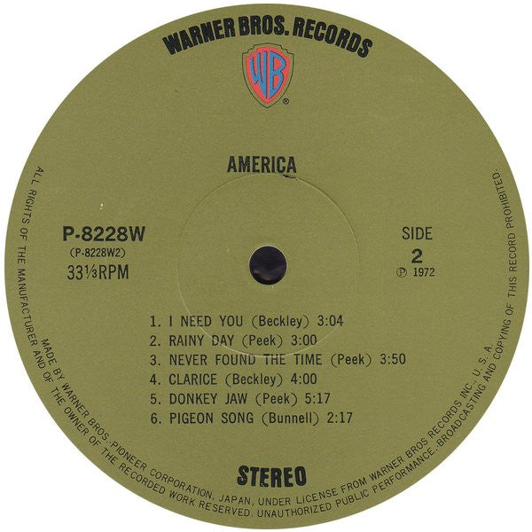 America  America - 1972-Rock, Folk, World, & Country,  Acoustic - Japanese Import Vinyl -  Near Mint NO OBI