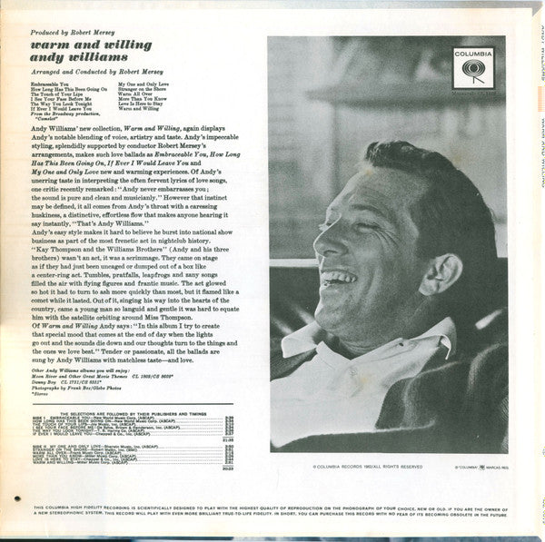 Andy Williams – Warm And Willing 1962 Genre: Jazz Style: Easy Listening (Vinyl) Mint Copy