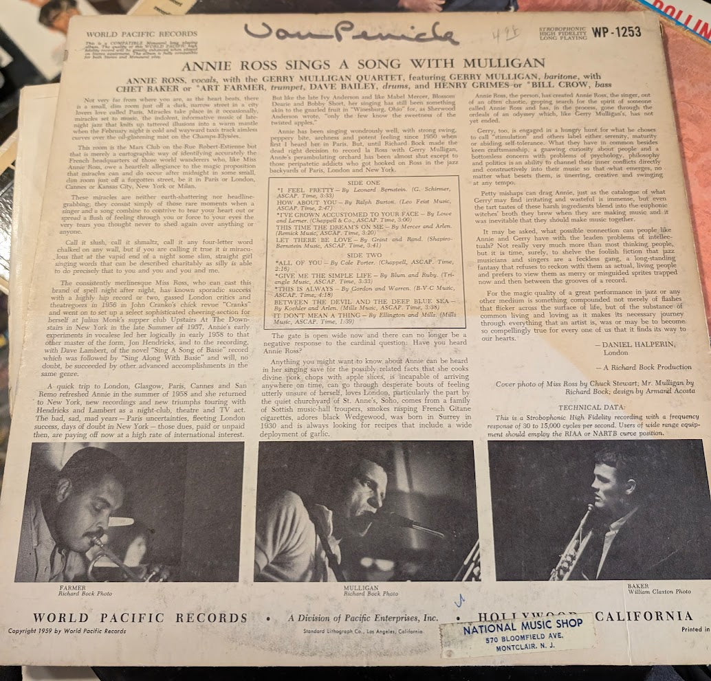 Annie Ross With The Gerry Mulligan Quartet – Sings A Song With Mulligan! 1959 	Jazz Style: Vocal, Cool Jazz (Vinyl)