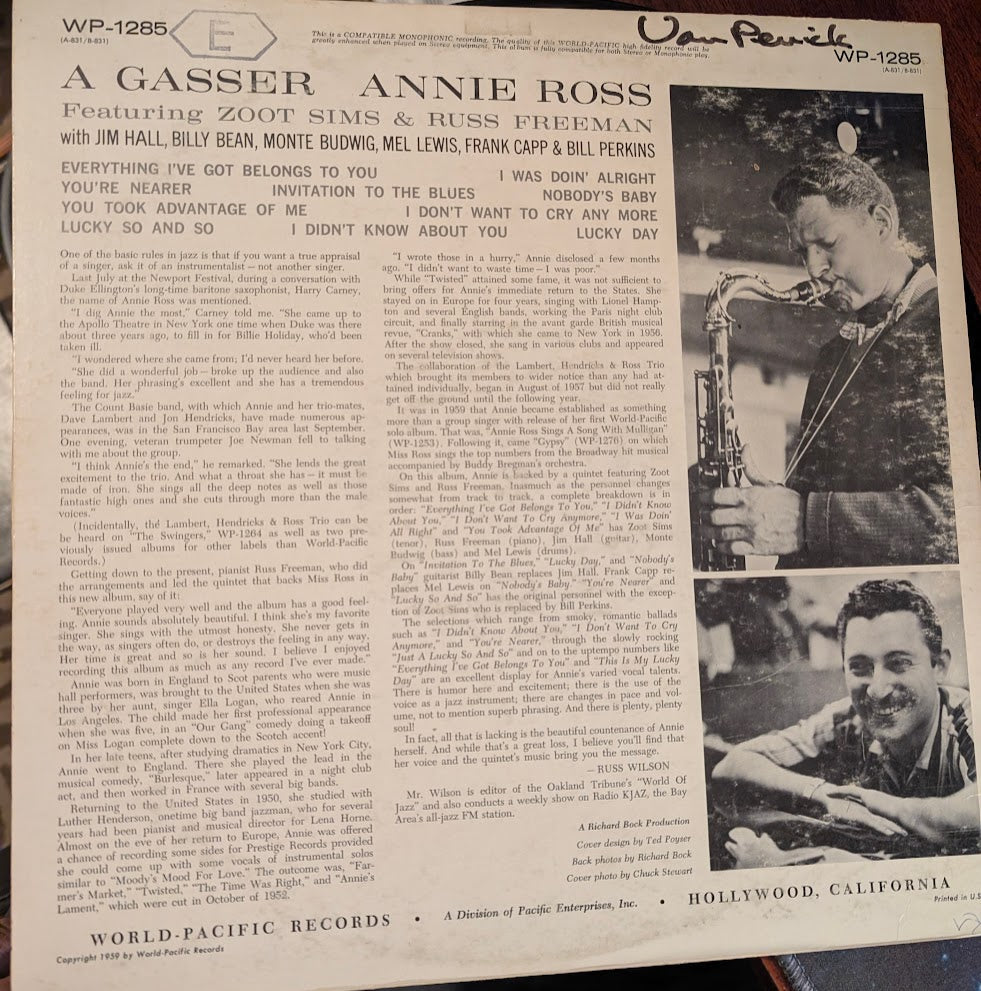 Annie Ross & Zoot Sims – A Gasser! 1959 Genre: Jazz Style: Vocal, Cool Jazz (vinyl)