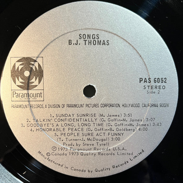 SONGS — B.J. Thomas (Paramount Records, PAS 6052) Pop, Soul (Vinyl)