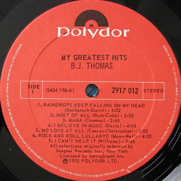 B.J. Thomas ‎– My Greatest Hits  - 1975- Pop Rock (vinyl)