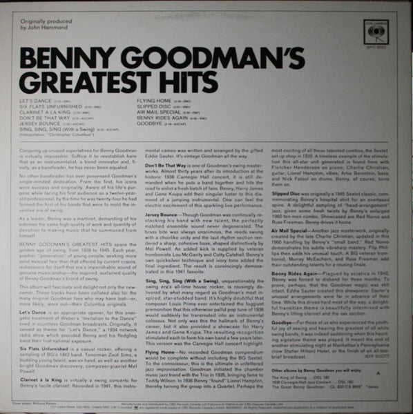 Benny Goodman – Benny Goodman’s Greatest Hits – 1960s – Jazz / Swing (vinyl) Near Mint