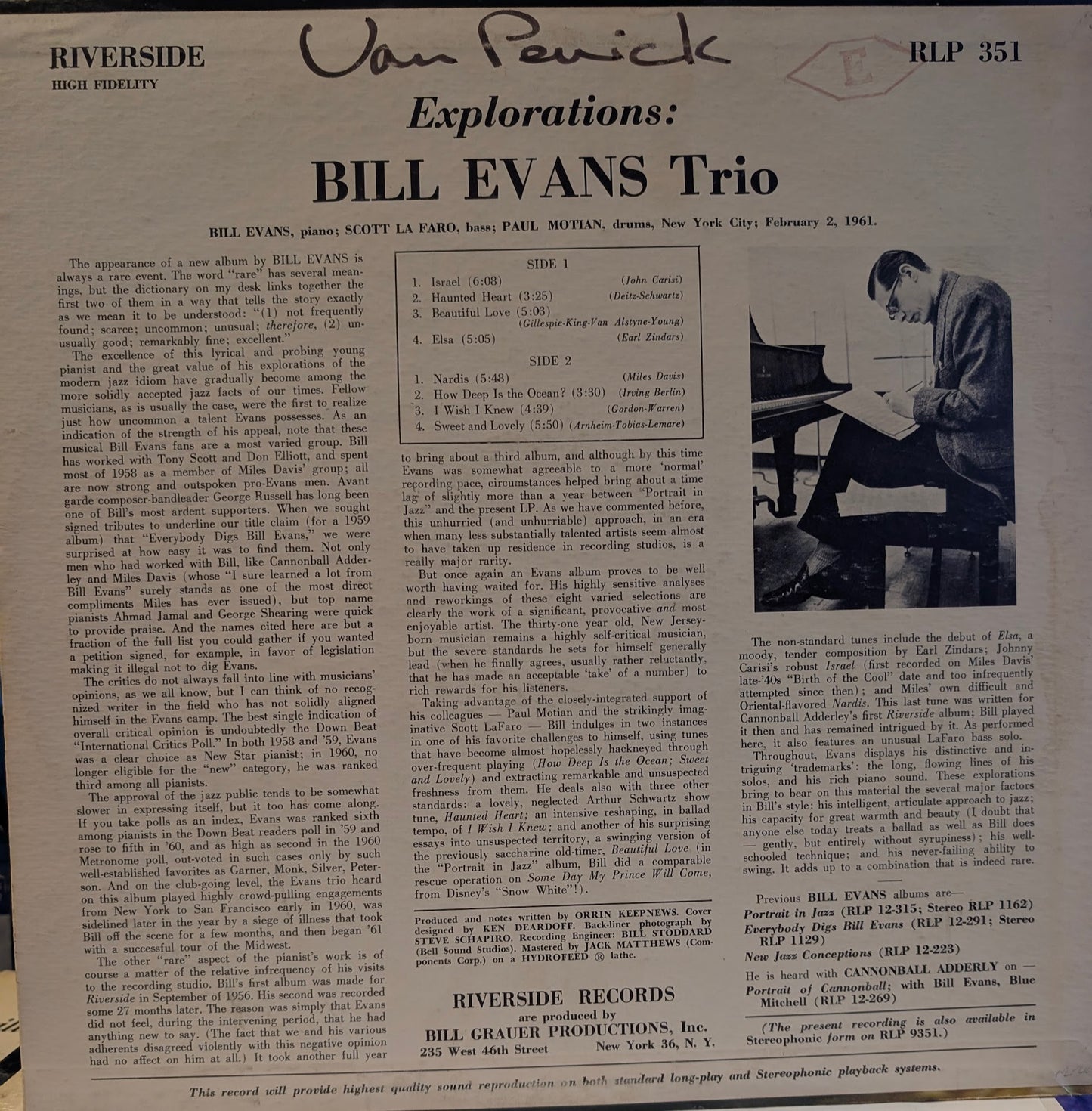 Bill Evans Trio Explorations US Released: 1961 Genre: Jazz Style: Post Bop, Modal ( RARE VINYL) Excellent Vinyl