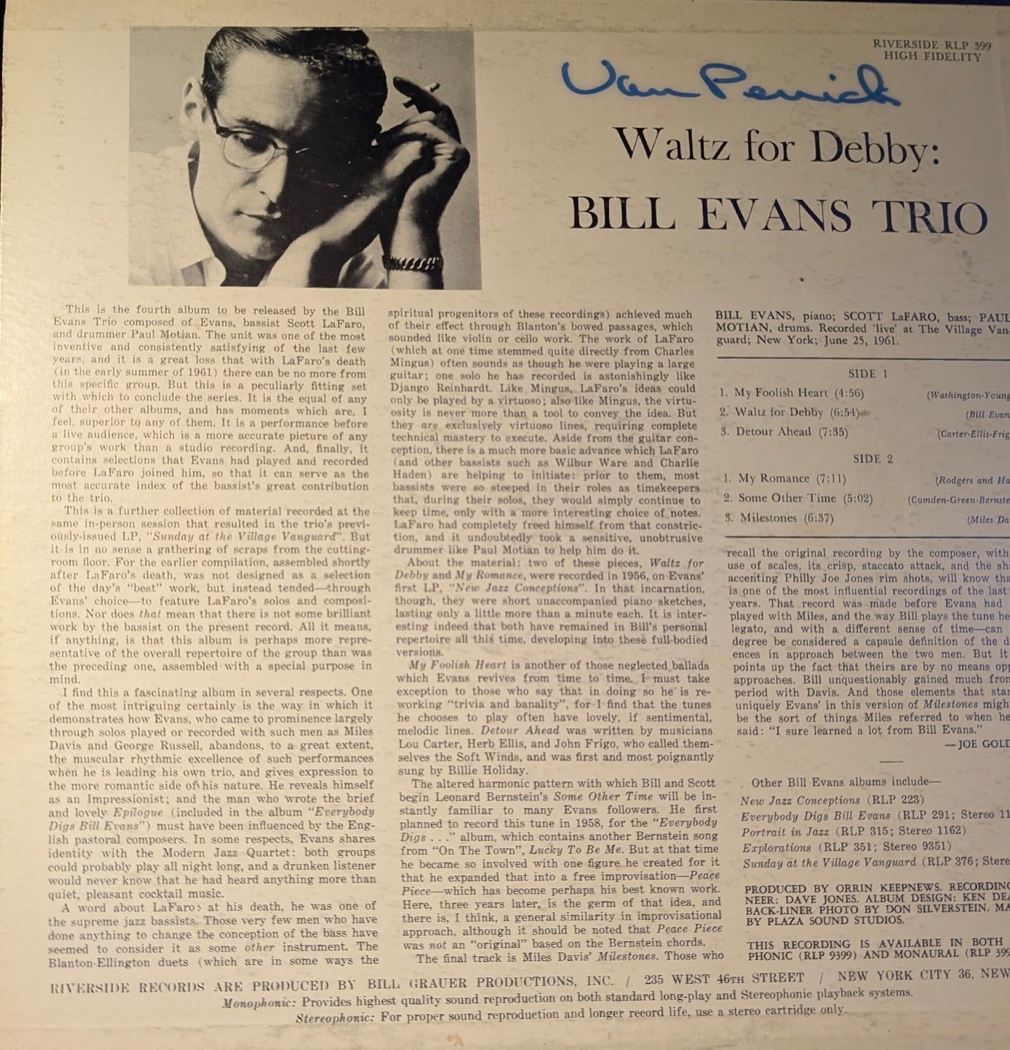Bill Evans Trio With Scott LaFaro, Paul Motian – Waltz For Debby - 1962-Jazz Style: Post Bop, Modal ( vINYL) Extremely Rare
