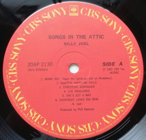 Billy Joel ‎– Songs In The Attic -1981- Folk Rock, Pop Rock (vinyl) Near Mint