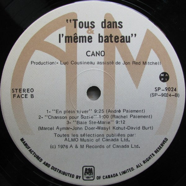 CANO – Tous dans l’même bateau (Folk‑Rock/Franco‑Ontarian, Vinyl LP) SP‑9024