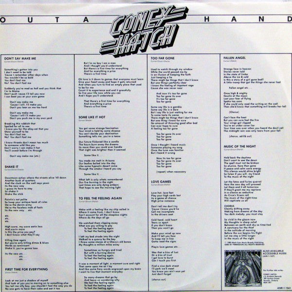 Coney Hatch – Outa Hand – 1983 – Hard Rock / AOR / Canadian Rock ( Near Mint Vinyl )