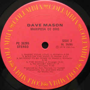Dave Mason ‎– Mariposa De Oro - 1978-Rock (Vinyl)