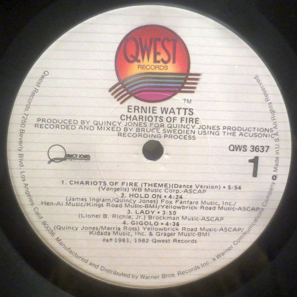 Ernie Watts Chariots Of Fire - 1982-Jazz, Funk / Soul Style:	Fusion, Disco, Jazz-Funk (vinyl) PROMO COPY