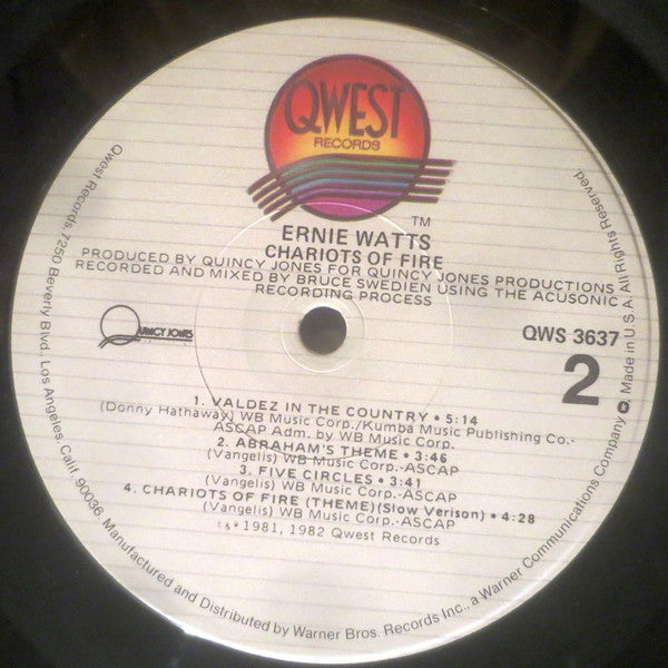 Ernie Watts Chariots Of Fire - 1982-Jazz, Funk / Soul Style:	Fusion, Disco, Jazz-Funk (vinyl) PROMO COPY