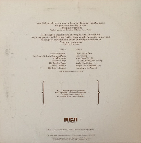 Fats Waller – A Legendary Performer (1978, USA Vinyl LP) — RCA CPL1‑2084