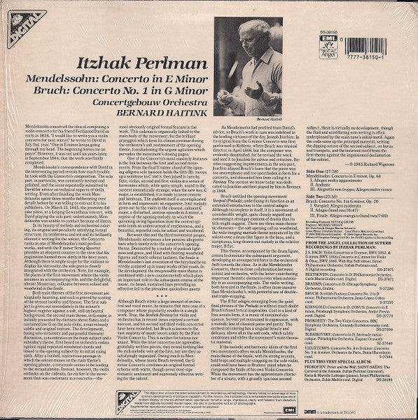 Itzhak Perlman – Mendelssohn* / Bruch* – Concertgebouw Orchestra*, Bernard Haitink – Concerto In E Minor / Concerto No. 1 In G Minor -1984 Classical Style: Romantic (Mint Vinyl)