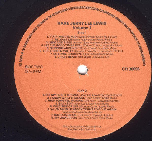 Jerry Lee Lewis ‎– Rare Jerry Lee Lewis Volume 1 - 1975-Style: Rock & Roll, Country Rock, Country ( Rare UK Vinyl)