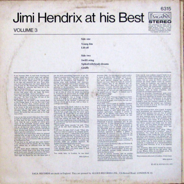 Jimi Hendrix – Jimi Hendrix At His Best (Volume 3) 1972-Rock Style: Psychedelic Rock, Experimental, Blues Rock (UK Import)